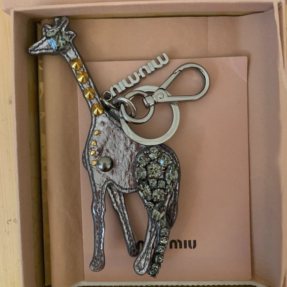 Miu Miu Silver Metallic Leather Giraffe Keychain